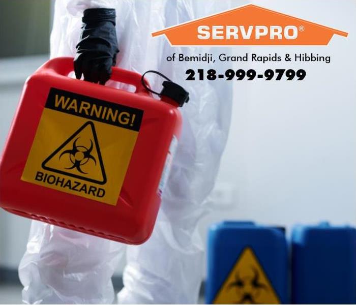 A biohazard symbol is visible on a container. 