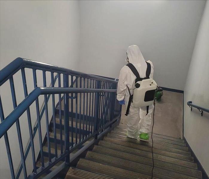 employee cleaning stairway