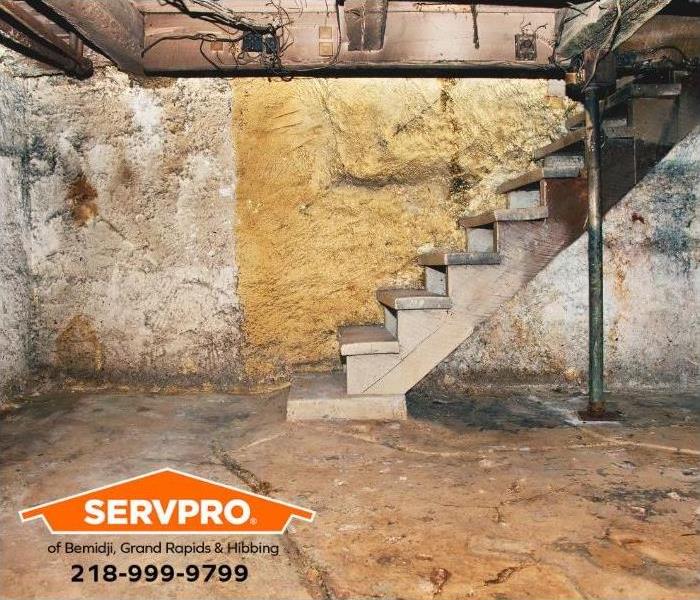Stained and calcified walls indicate water seepage issues in a basement.
